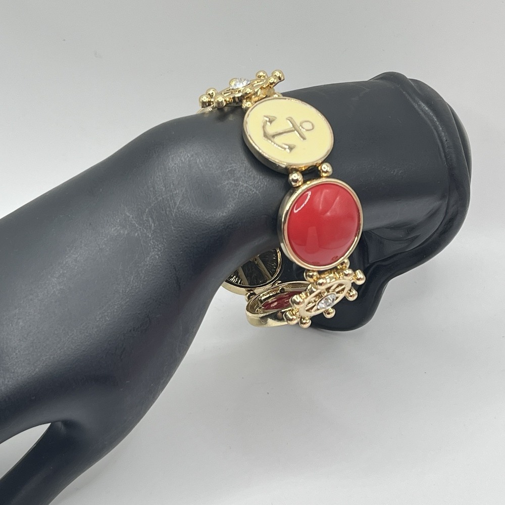 Red & Cream Enamel Gold Tone Anchor Nautical Rhinestone Stretch Bracelet 7"